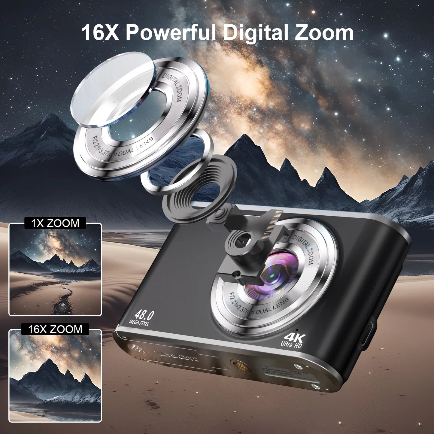 4K Digital Camera with 48MP Autofocus and Dual Lenses for Vlogging - Includes 32GB Memory Card, Black