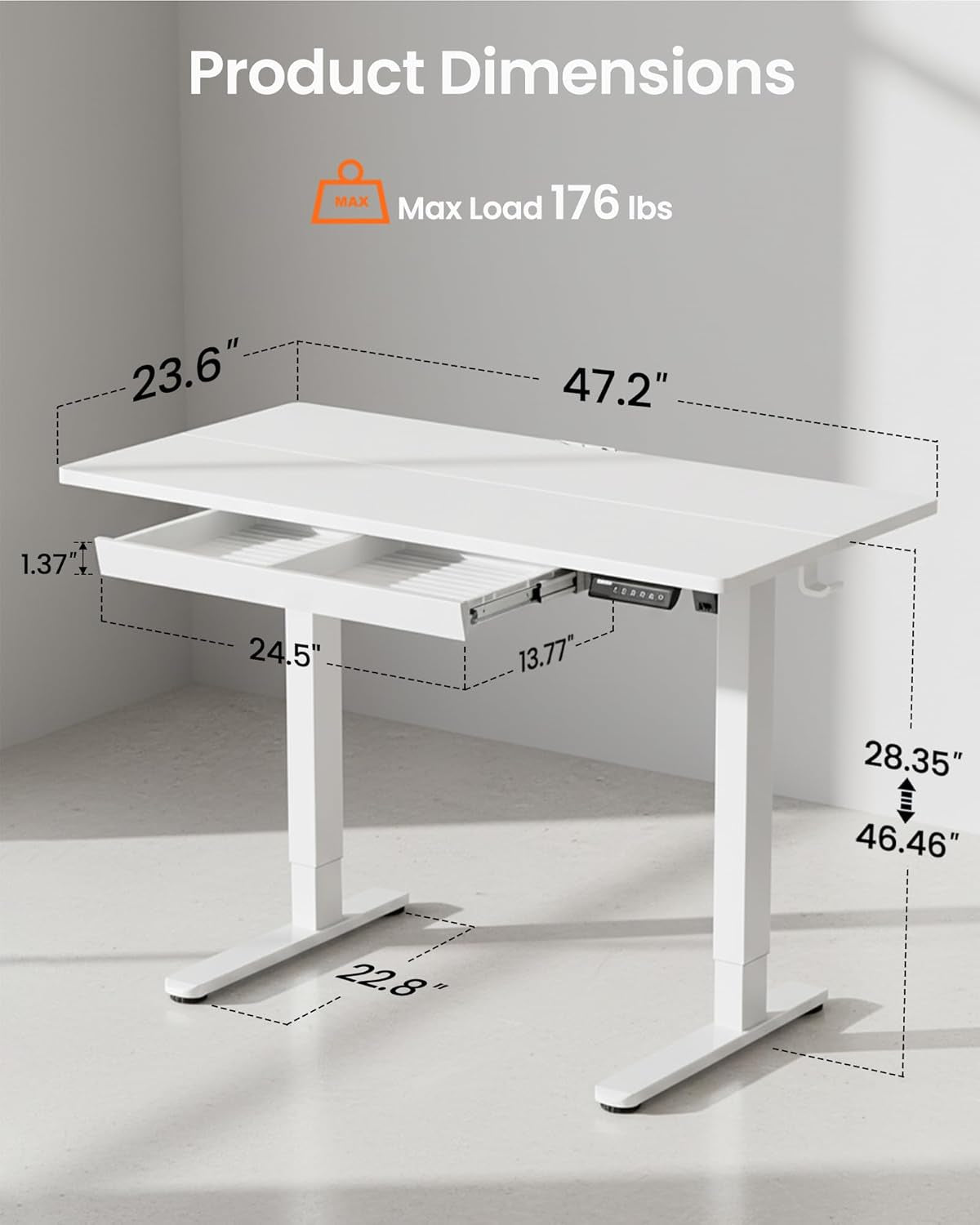 Adjustable Height Electric Standing Desk, 48" x 24" with Drawers and 4 Memory Settings, Ideal for Home Office and Computer Workstation, White Finish