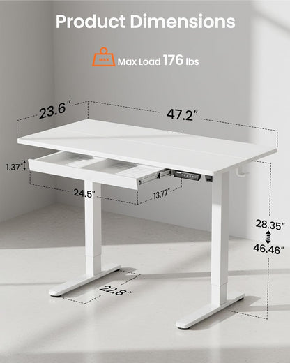 Adjustable Height Electric Standing Desk, 48" x 24" with Drawers and 4 Memory Settings, Ideal for Home Office and Computer Workstation, White Finish