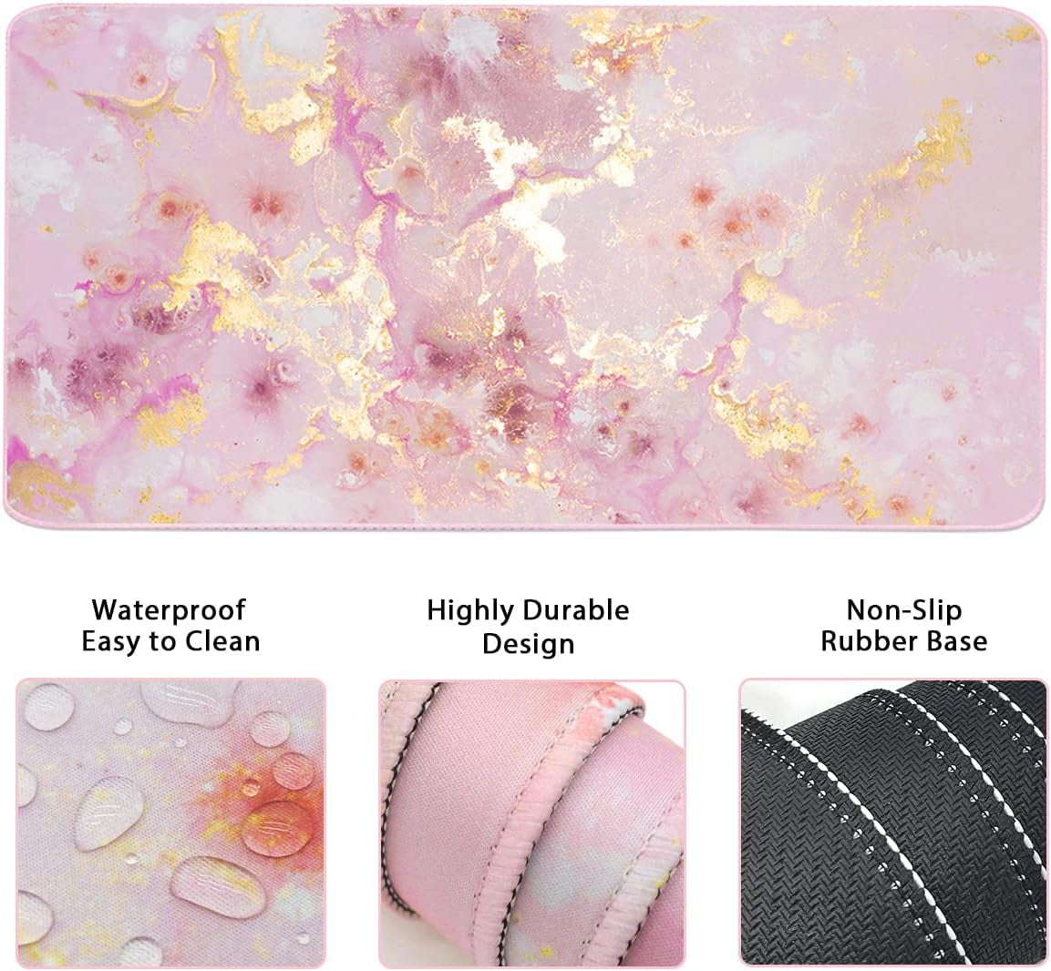 Extended Keyboard and Mouse Pad Set with Ergonomic Wrist Rest Support, Memory Foam Design, 3-Piece Desk Pad Set (35.4×15.7 In) for Home Office, Study, and Gaming - Pink Gold Marble