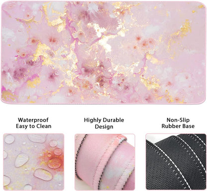 Extended Keyboard and Mouse Pad Set with Ergonomic Wrist Rest Support, Memory Foam Design, 3-Piece Desk Pad Set (35.4×15.7 In) for Home Office, Study, and Gaming - Pink Gold Marble