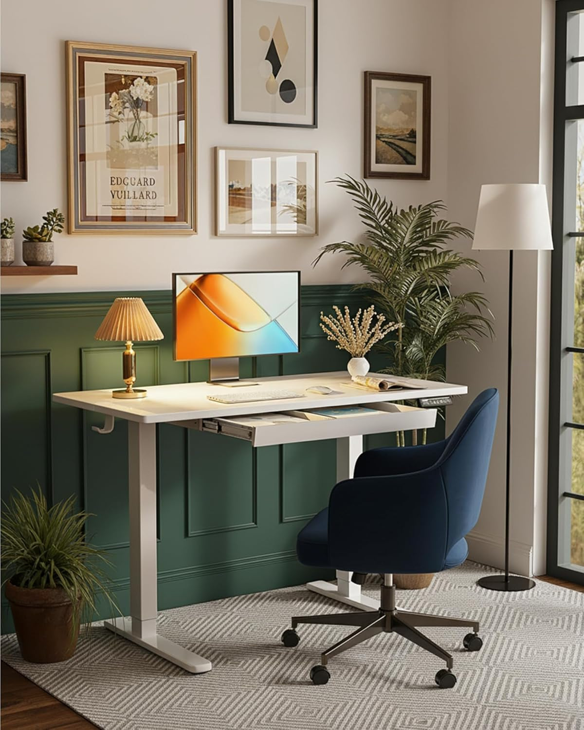Adjustable Height Electric Standing Desk, 48" x 24" with Drawers and 4 Memory Settings, Ideal for Home Office and Computer Workstation, White Finish