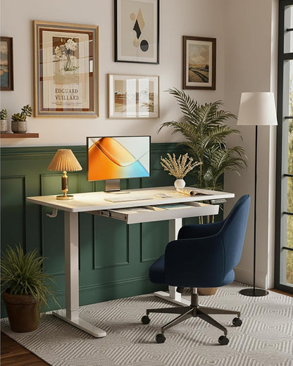 Adjustable Height Electric Standing Desk, 48" x 24" with Drawers and 4 Memory Settings, Ideal for Home Office and Computer Workstation, White Finish