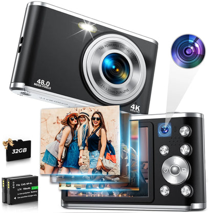 4K Digital Camera with 48MP Autofocus and Dual Lenses for Vlogging - Includes 32GB Memory Card, Black