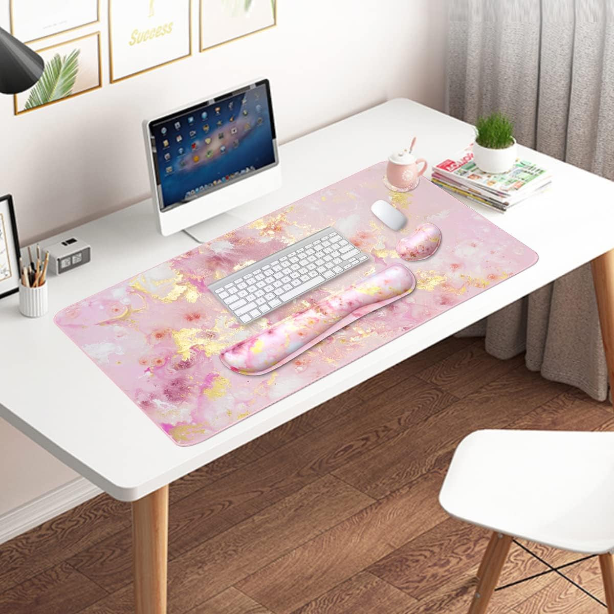 Extended Keyboard and Mouse Pad Set with Ergonomic Wrist Rest Support, Memory Foam Design, 3-Piece Desk Pad Set (35.4×15.7 In) for Home Office, Study, and Gaming - Pink Gold Marble