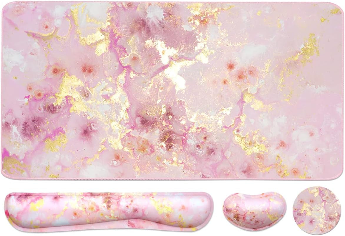 Extended Keyboard and Mouse Pad Set with Ergonomic Wrist Rest Support, Memory Foam Design, 3-Piece Desk Pad Set (35.4×15.7 In) for Home Office, Study, and Gaming - Pink Gold Marble
