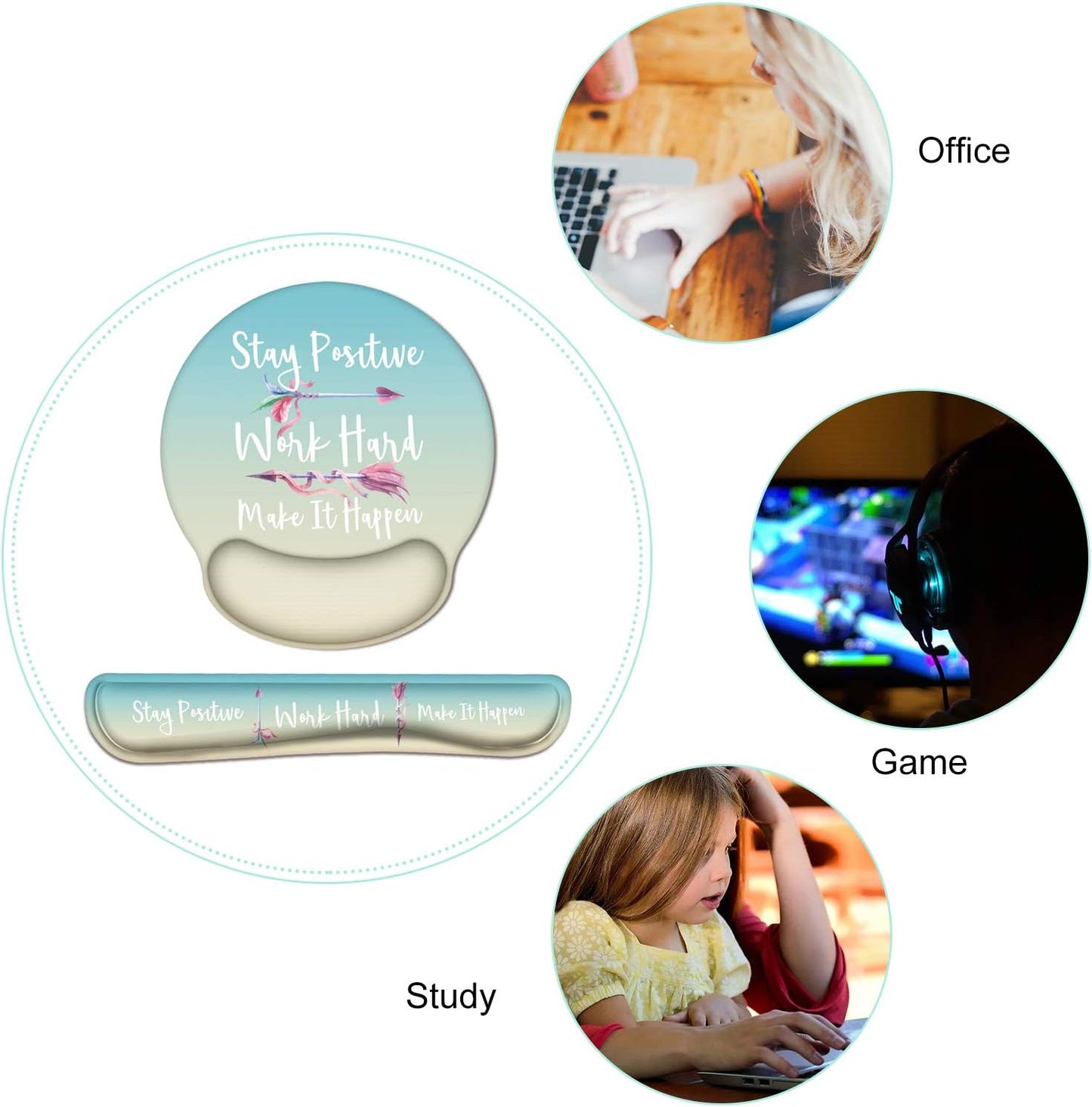 Ergonomic Mouse Pad with Wrist Support and Keyboard Wrist Rest, Memory Foam Design, Non-Slip Rubber Base, Waterproof for Home, Office, and Gaming (Stay Positive)