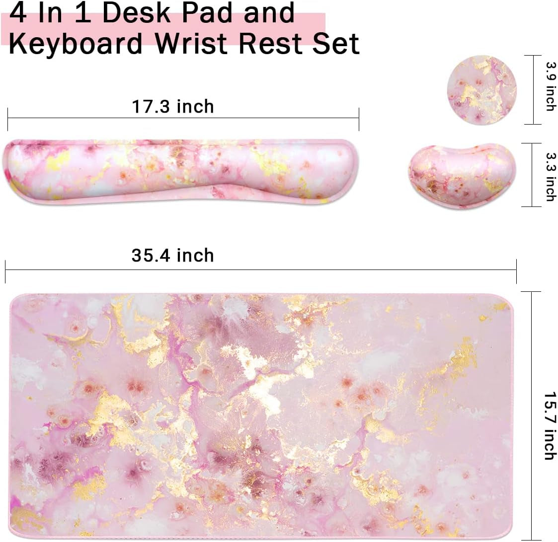 Extended Keyboard and Mouse Pad Set with Ergonomic Wrist Rest Support, Memory Foam Design, 3-Piece Desk Pad Set (35.4×15.7 In) for Home Office, Study, and Gaming - Pink Gold Marble