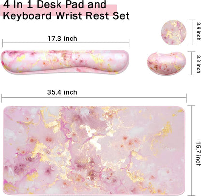 Extended Keyboard and Mouse Pad Set with Ergonomic Wrist Rest Support, Memory Foam Design, 3-Piece Desk Pad Set (35.4×15.7 In) for Home Office, Study, and Gaming - Pink Gold Marble