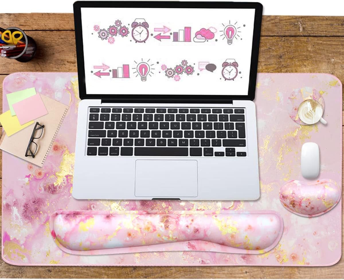 Extended Keyboard and Mouse Pad Set with Ergonomic Wrist Rest Support, Memory Foam Design, 3-Piece Desk Pad Set (35.4×15.7 In) for Home Office, Study, and Gaming - Pink Gold Marble