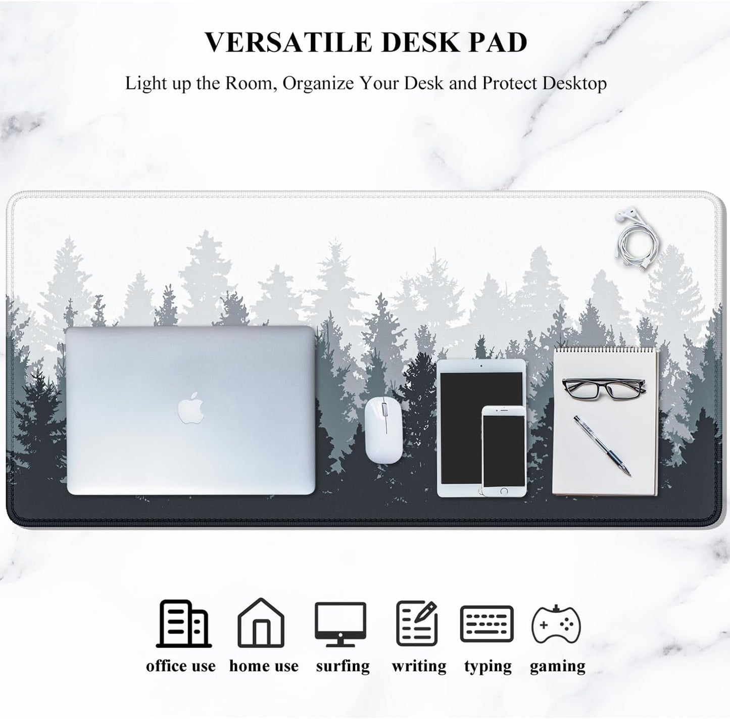 Desk Mouse Pad, Oversized Forest Desk Mat 35.4 X 15.7 Inch, Extended Long Gaming Mousepad Non-Slip Rubber Base Stitched Edges XXL Ultra Large Thin Full Desk Pad for PC Laptop Gaming Work