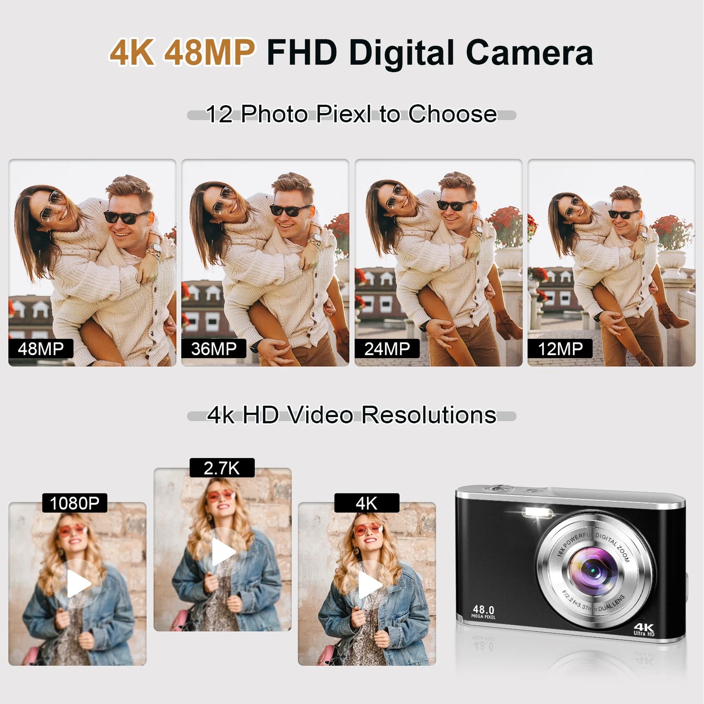 4K Digital Camera with 48MP Autofocus and Dual Lenses for Vlogging - Includes 32GB Memory Card, Black