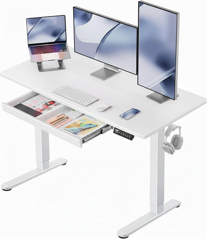 Adjustable Height Electric Standing Desk, 48" x 24" with Drawers and 4 Memory Settings, Ideal for Home Office and Computer Workstation, White Finish