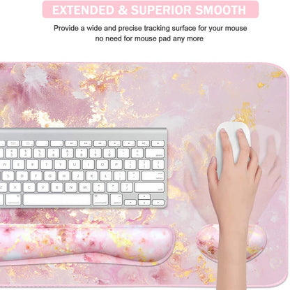 Extended Keyboard and Mouse Pad Set with Ergonomic Wrist Rest Support, Memory Foam Design, 3-Piece Desk Pad Set (35.4×15.7 In) for Home Office, Study, and Gaming - Pink Gold Marble